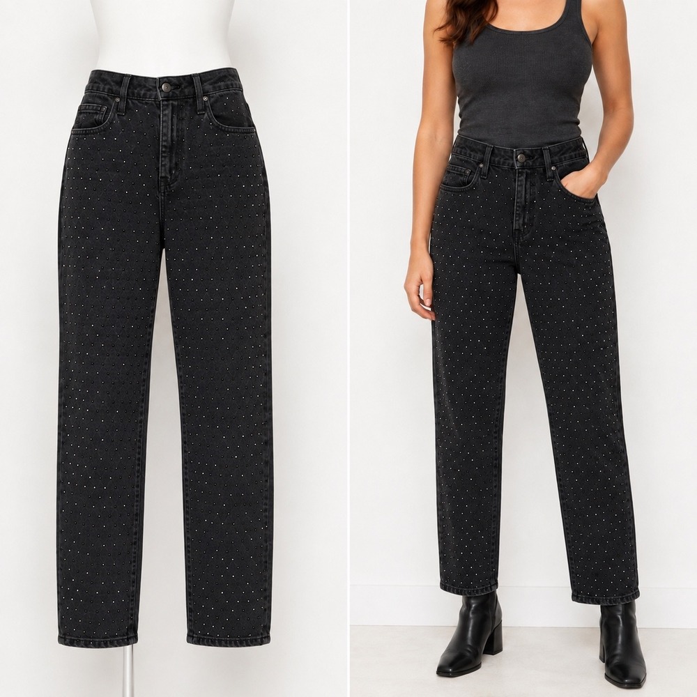 Jonathan Simkhai Jeans Women 24 Black Studded High Rise Straight Leg Embellished